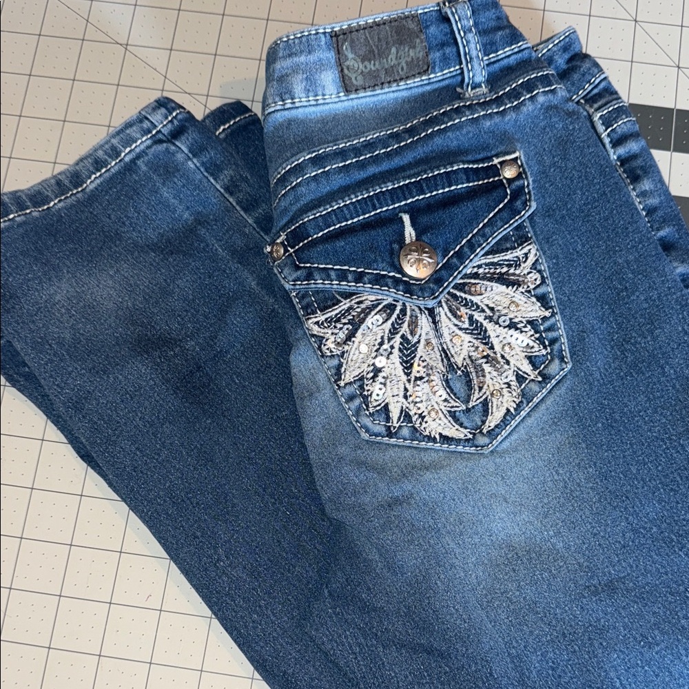 Soundgirl Blue Boot Cut Jeans with Silver Embellishments size 5